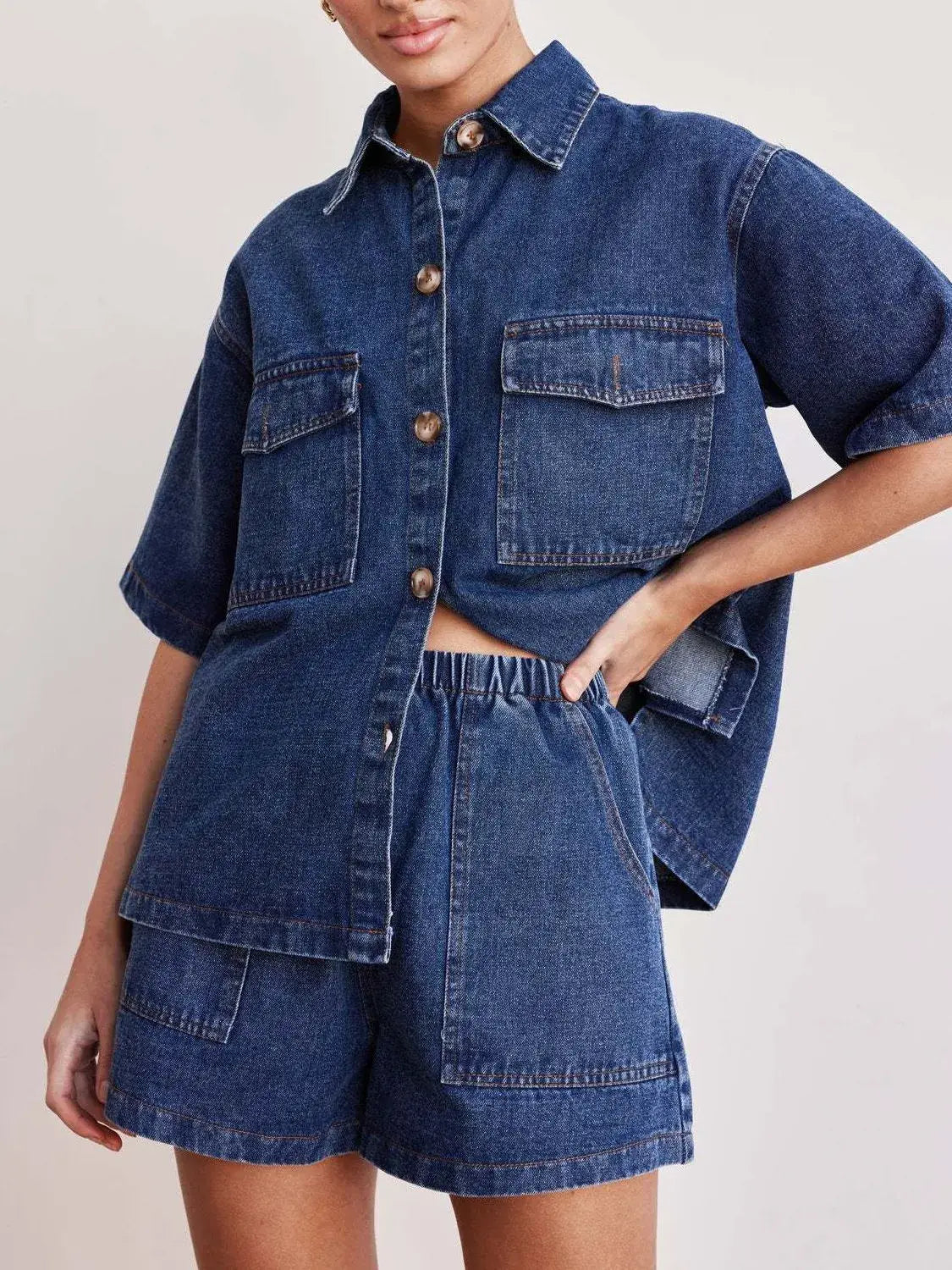 Button Up Short Sleeve Top and Shorts Denim Set - Trendsi - Flyclothing LLC