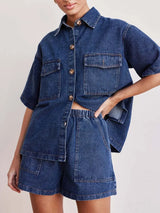 Button Up Short Sleeve Top and Shorts Denim Set - Trendsi - Flyclothing LLC
