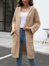 Pocketed Button Up Long Sleeve Hooded Cardigan - Trendsi - Flyclothing LLC