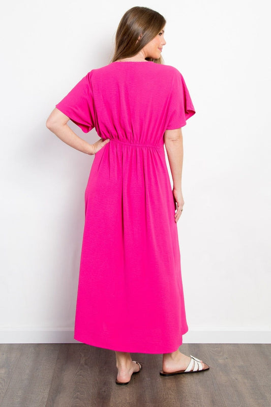 Be Stage Full Size Shirred Front Short Sleeve Maxi Dress - Trendsi