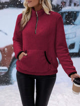 Half Zip Long Sleeve Furry Sweatshirt - Trendsi - Flyclothing LLC