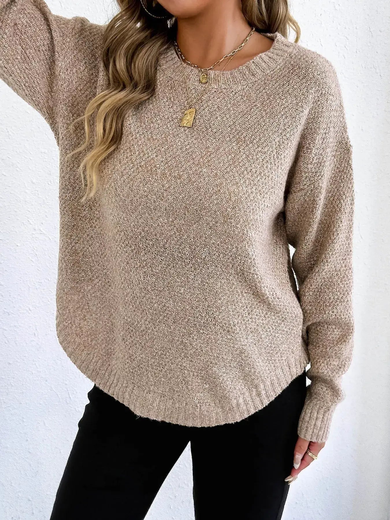 Textured Knit Relaxed Fit Round Neck Sweater - Trendsi - Flyclothing LLC