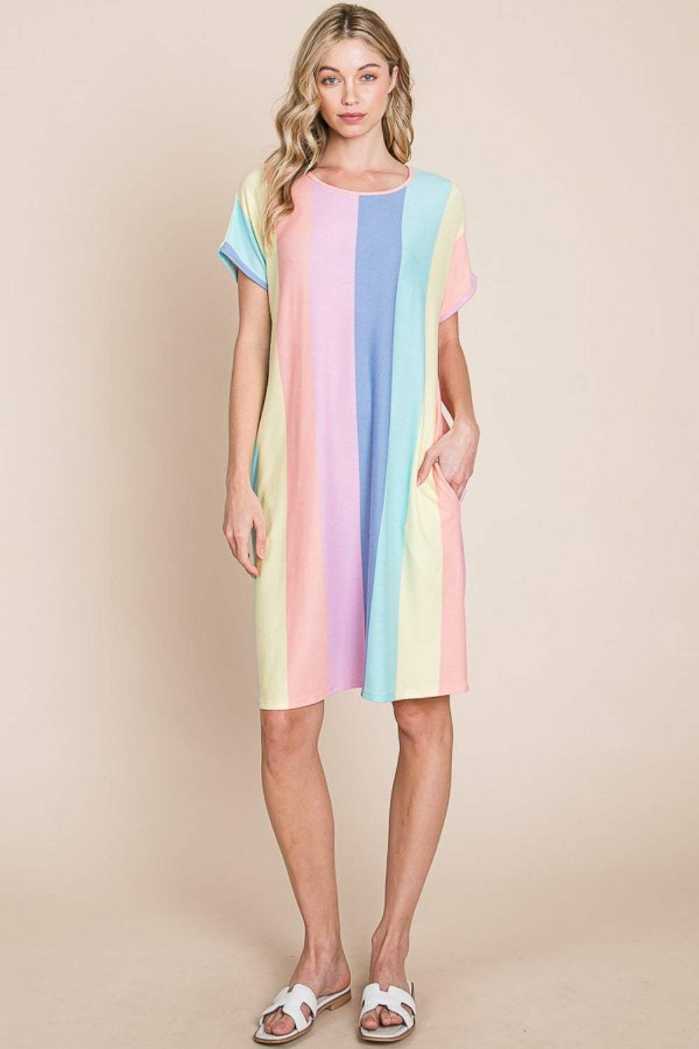 BOMBOM Striped Short Sleeve Dress with Pockets - Trendsi - Flyclothing LLC