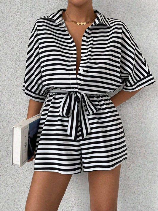 Tie Waist Half Button Striped Romper - Trendsi - Flyclothing LLC