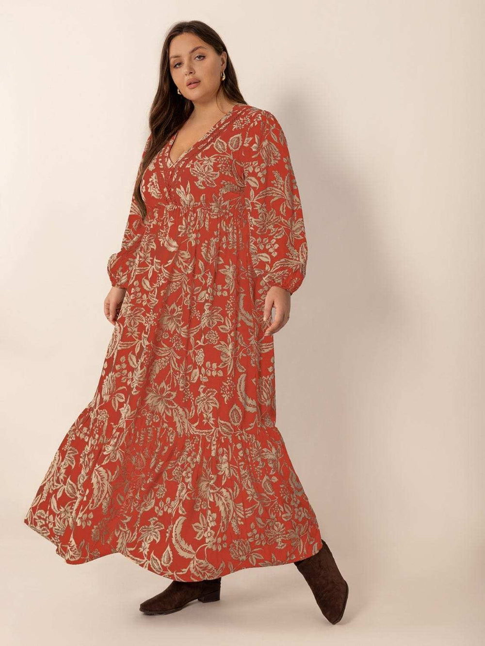 Plus Size Lace Detail Printed Balloon Sleeve Midi Dress - Trendsi - Flyclothing LLC