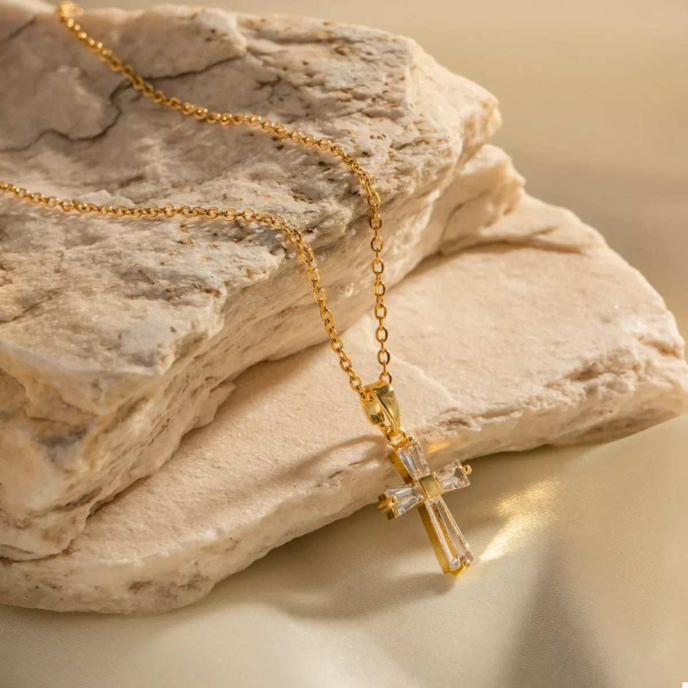 18K Gold-Plated Stainless Steel Zircon Cross Necklace - Trendsi - Flyclothing LLC