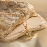 18K Gold-Plated Stainless Steel Zircon Cross Necklace - Trendsi - Flyclothing LLC