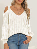 Cable-Knit V-Neck Long Sleeve Sweater - Trendsi - Flyclothing LLC