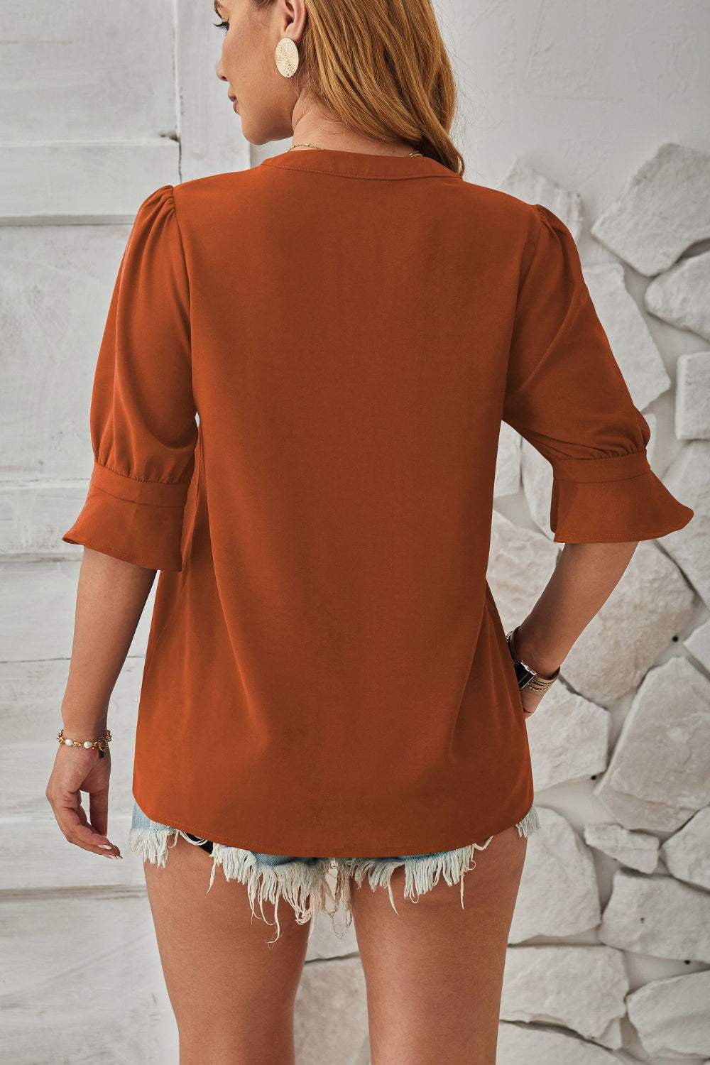 Notched Half Sleeve Blouse - Trendsi - Flyclothing LLC