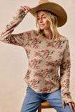 BiBi Floral Print Washed Waffle Thermal Top with Thumb - Trendsi - Flyclothing LLC