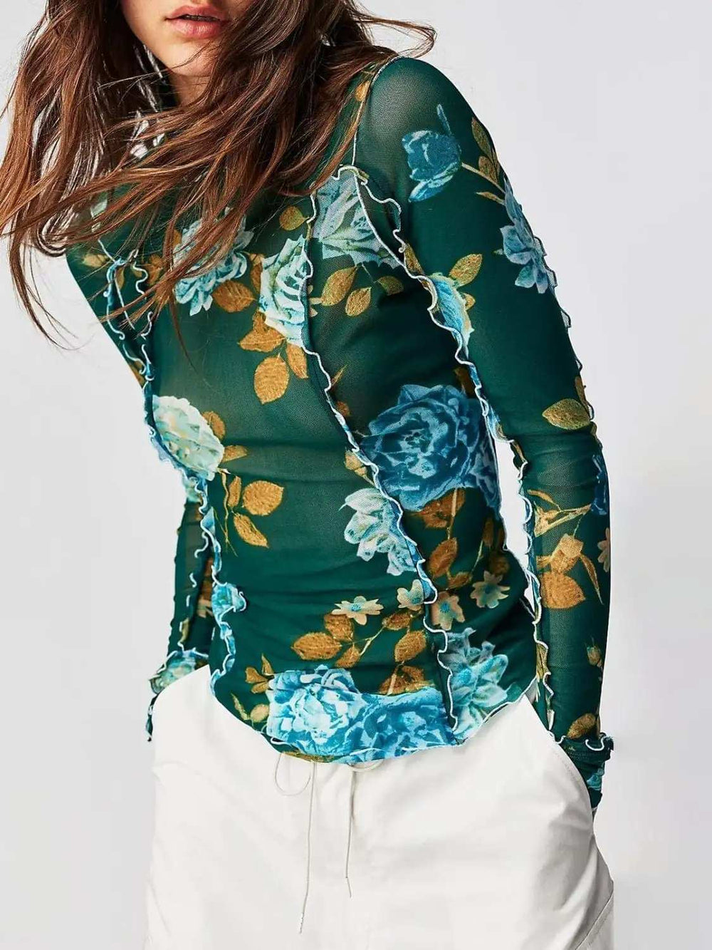 Floral Mock Neck Long Sleeve Top - Trendsi - Flyclothing LLC
