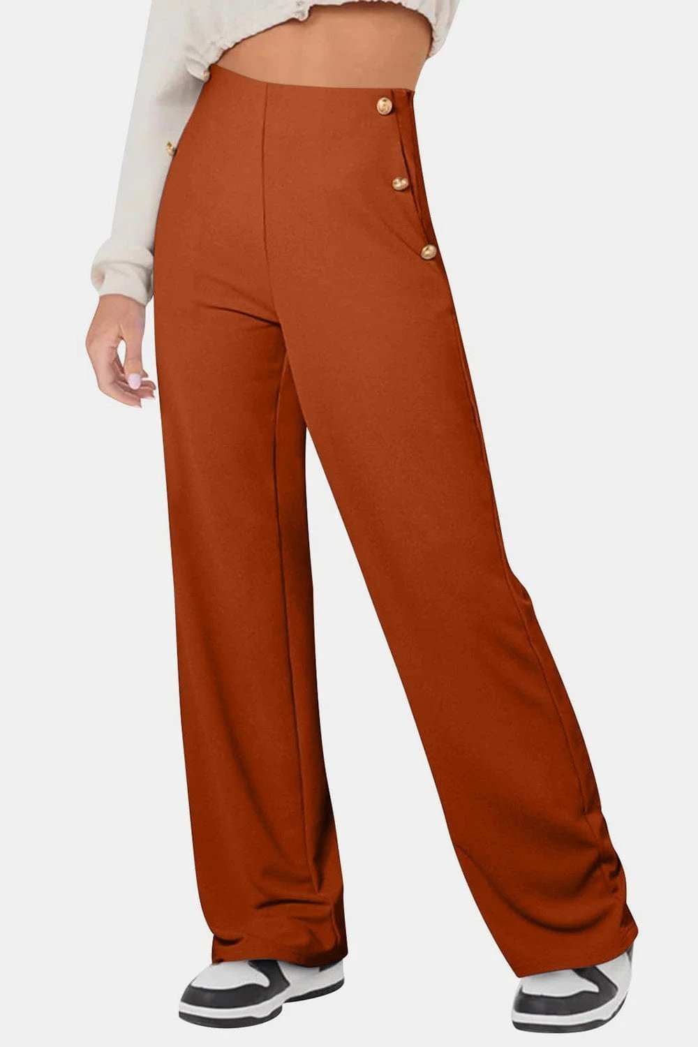 Decorative Button High Rise Pants - Trendsi - Flyclothing LLC