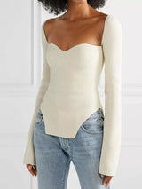 Ribbed Knit Sweetheart Neckline Sweater - Trendsi - Flyclothing LLC