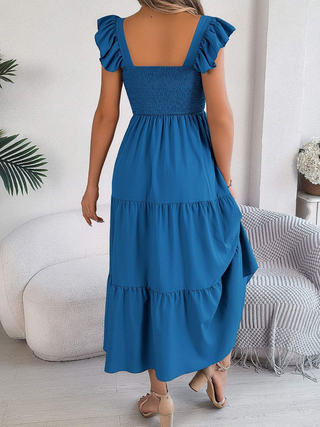 Smocked Square Neck Cap Sleeve Midi Dress - Trendsi - Flyclothing LLC