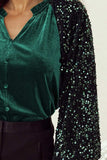 Sequin Notched Long Sleeve Blouse - Trendsi - Flyclothing LLC