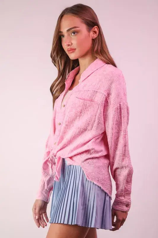VERY J Mineral Washed Gauze Shirt Top - Trendsi - Flyclothing LLC