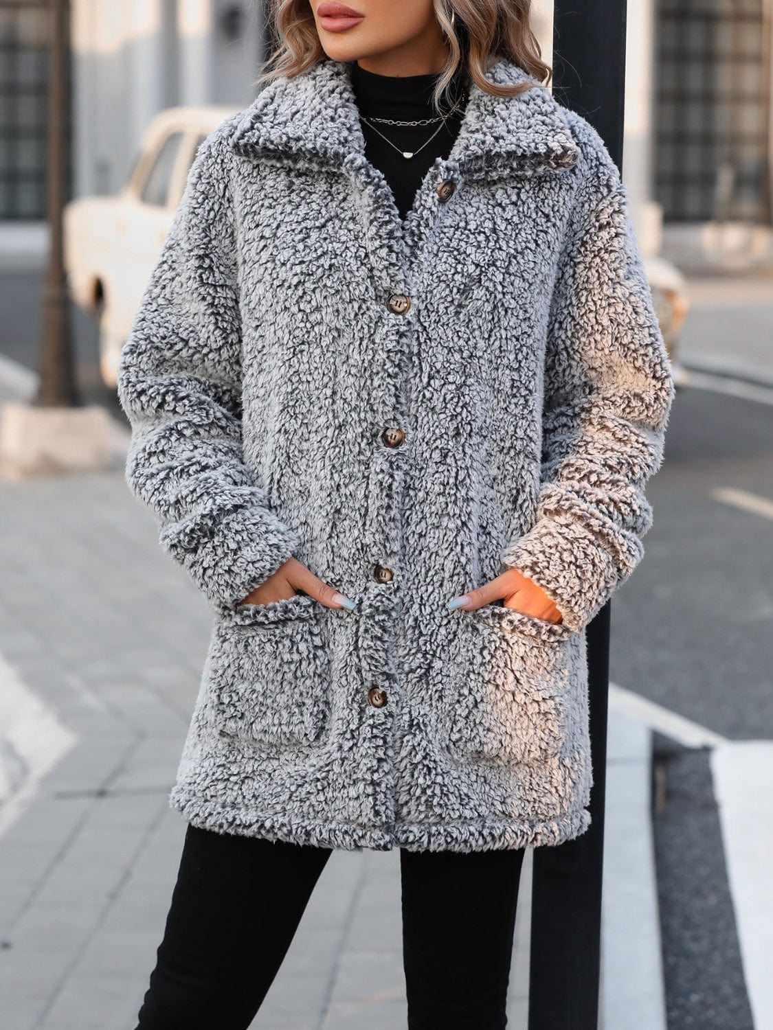 Pocketed Collared Neck Long Sleeve Plush Jacket - Trendsi