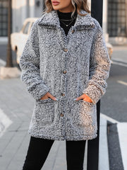 Pocketed Collared Neck Long Sleeve Plush Jacket - Trendsi