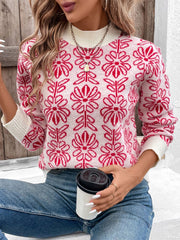 Flower Round Neck Long Sleeve Sweater - Trendsi