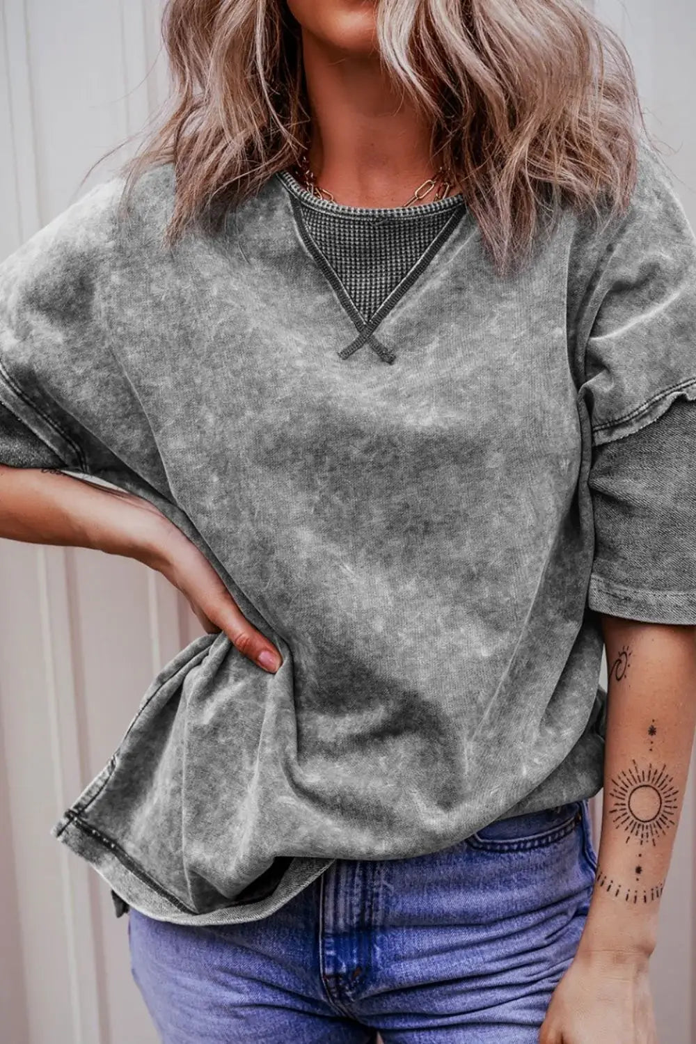 Mineral Wash Drop Shoulder Round Neck T-Shirt - Trendsi - Flyclothing LLC