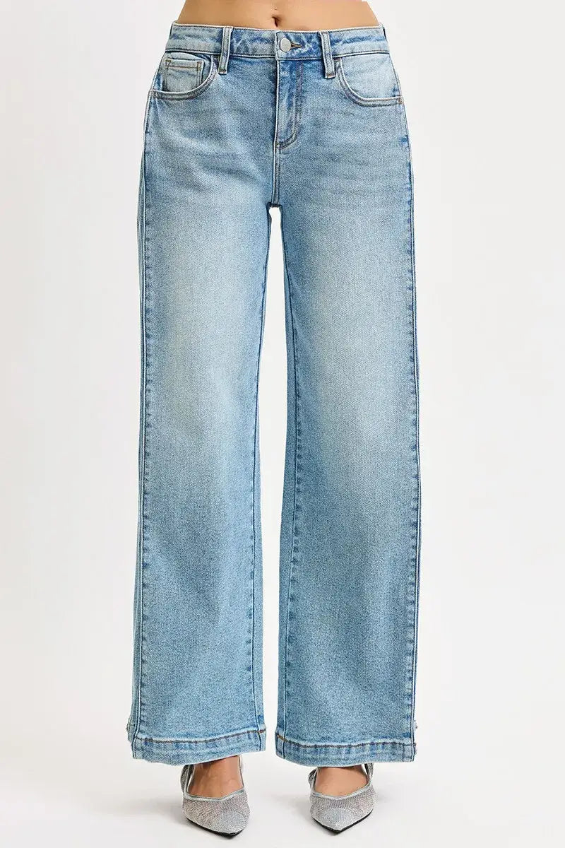 RISEN Mid Rise Wide Barrel Transferable Leg Snap Jeans - Trendsi - Flyclothing LLC