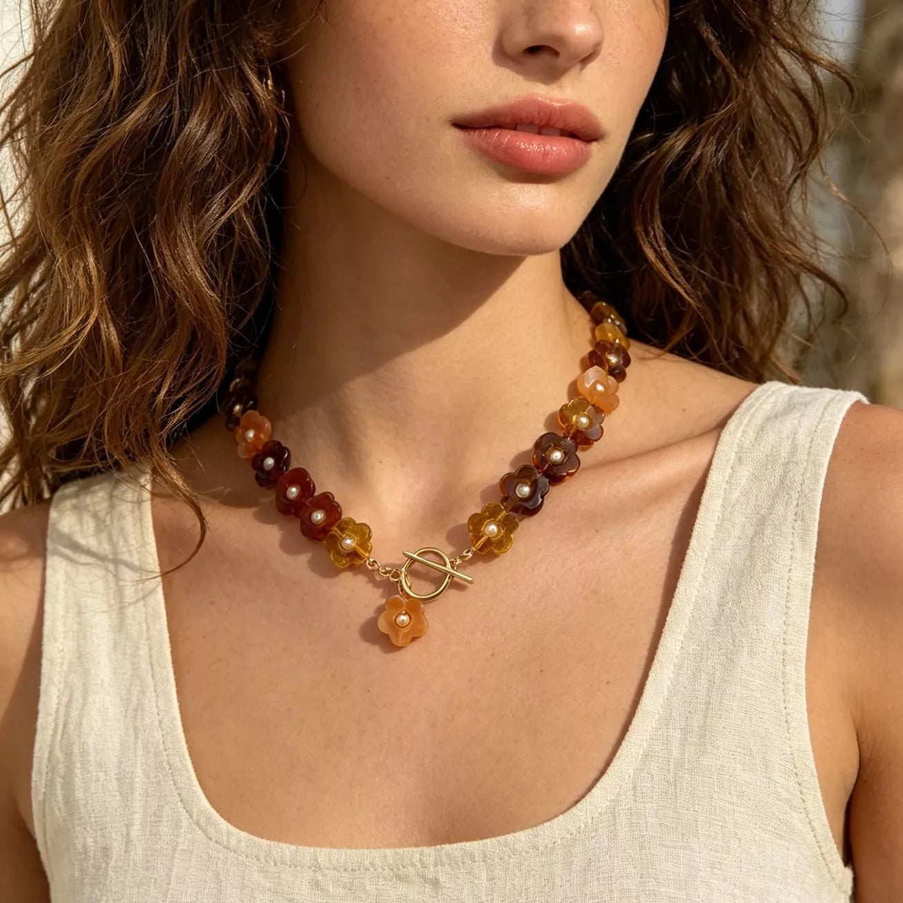 Retro Resin Flower Charm Necklace - Trendsi - Flyclothing LLC