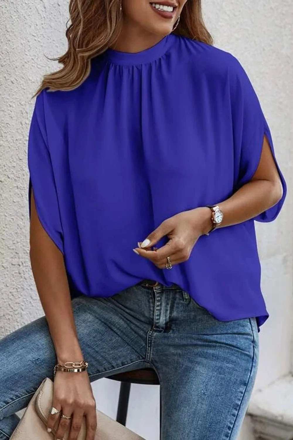 Tie Back Slit Half Sleeve Blouse - Trendsi - Flyclothing LLC