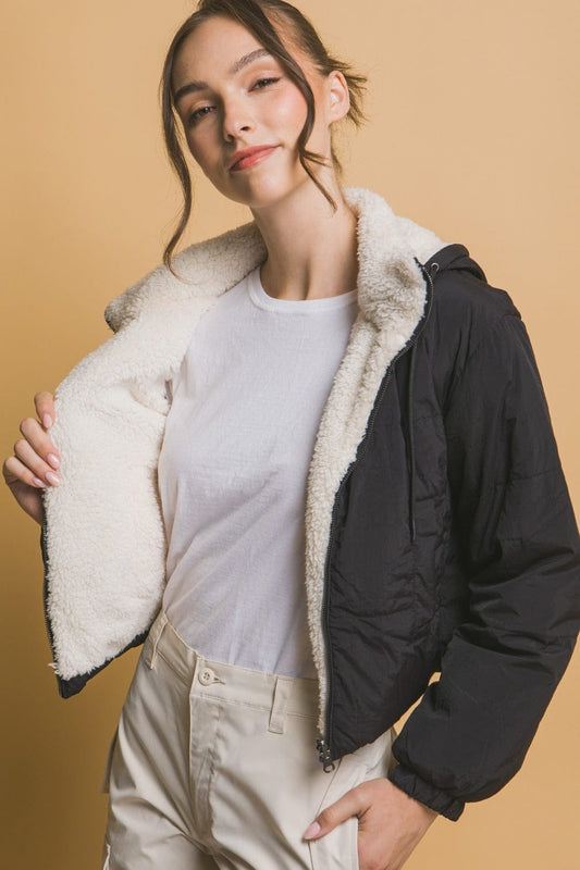 Love Tree Zip Up Cropped Hooded Sherpa Reversible Jacket - Trendsi