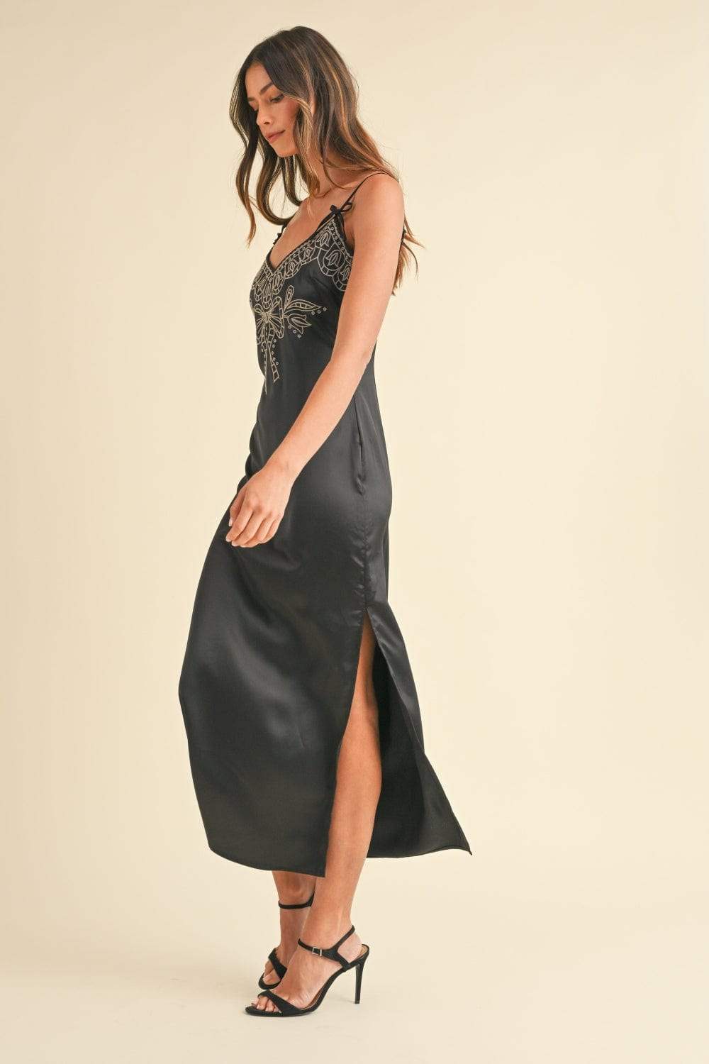 Mable Embroidered Cami Satin Midi Slit Dress - Trendsi - Flyclothing LLC