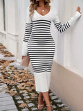 Striped V-Neck Long Sleeve Sweater Dress - Trendsi - Flyclothing LLC