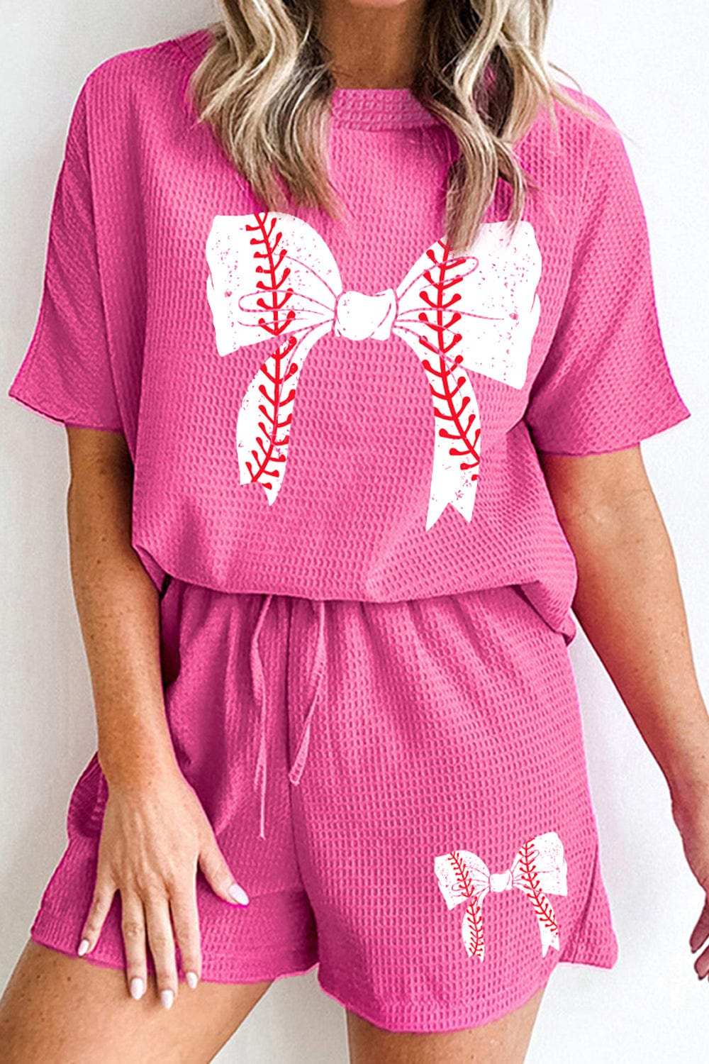 Waffle-Knit Bow Round Neck Top and Shorts Set - Trendsi - Flyclothing LLC