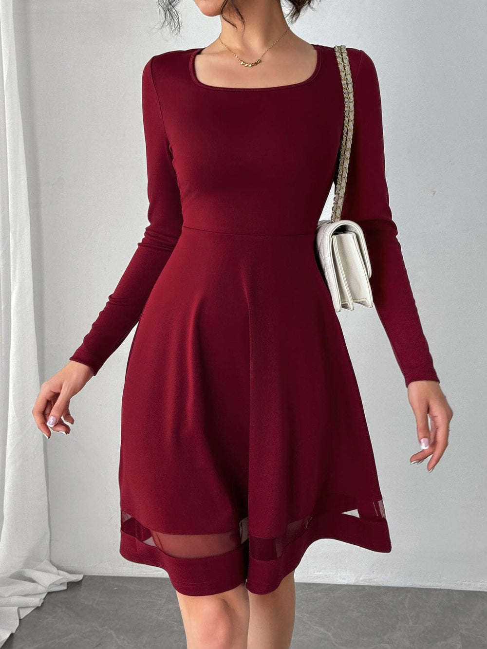 Square Neck Long Sleeve Mini Dress - Trendsi