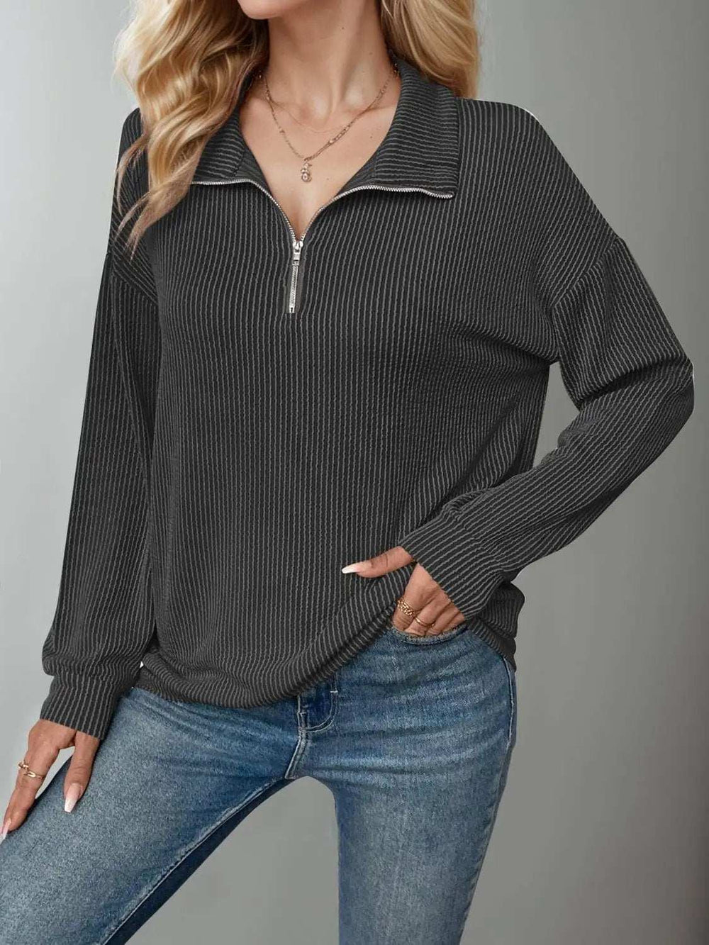Double Take Striped Half Zip Long Sleeve T-Shirt - Trendsi - Flyclothing LLC