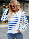 Striped Johnny Collar Long Sleeve Sweater - Trendsi - Flyclothing LLC