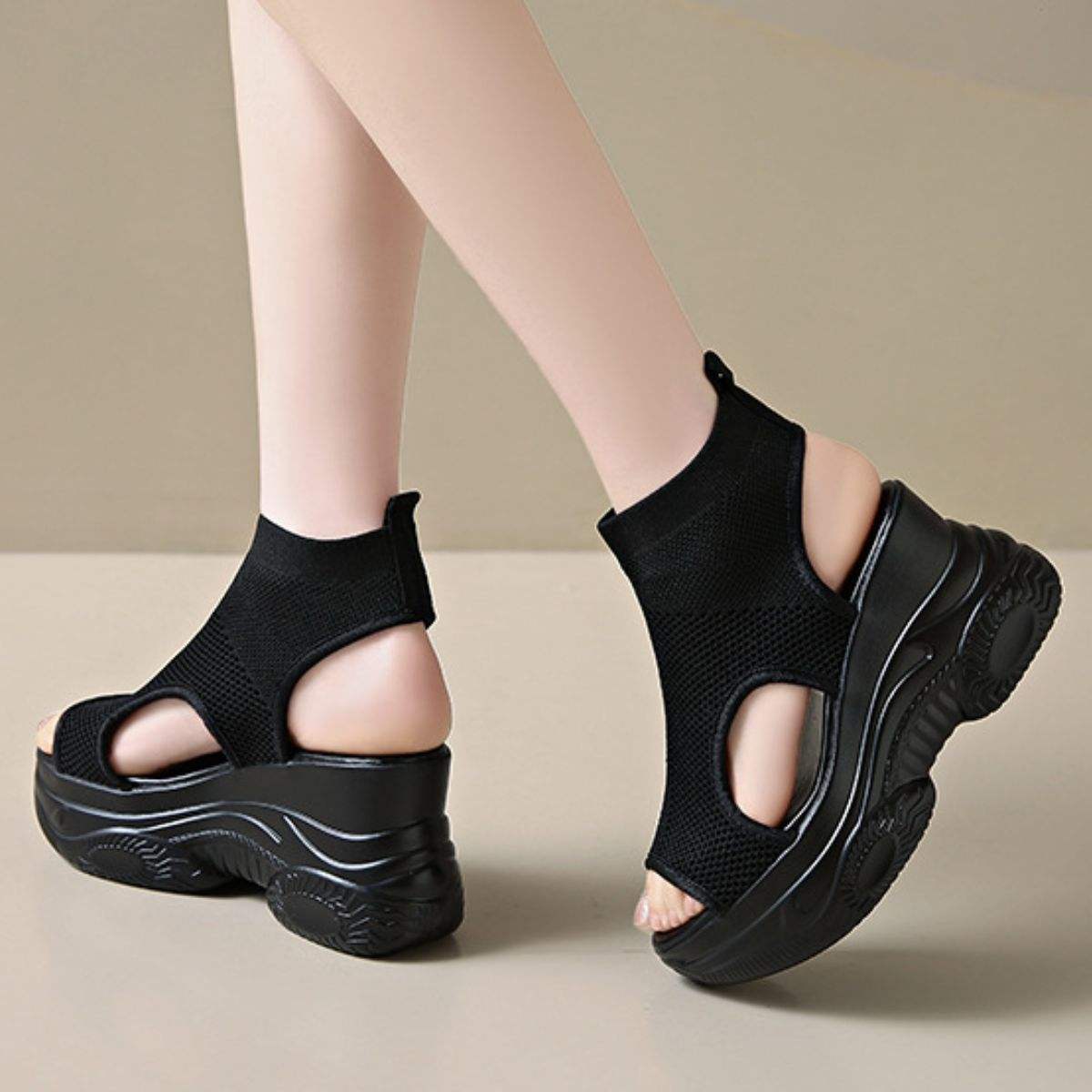 Cutout Mesh Wedge Sandals - Trendsi - Flyclothing LLC