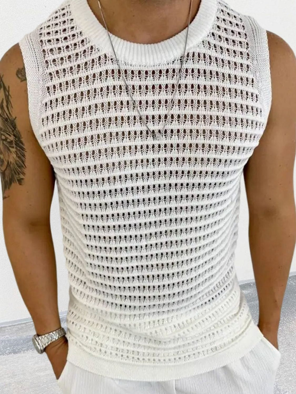 Men's Round Neck Hollow Out Sleeveless Knit Top - Trendsi