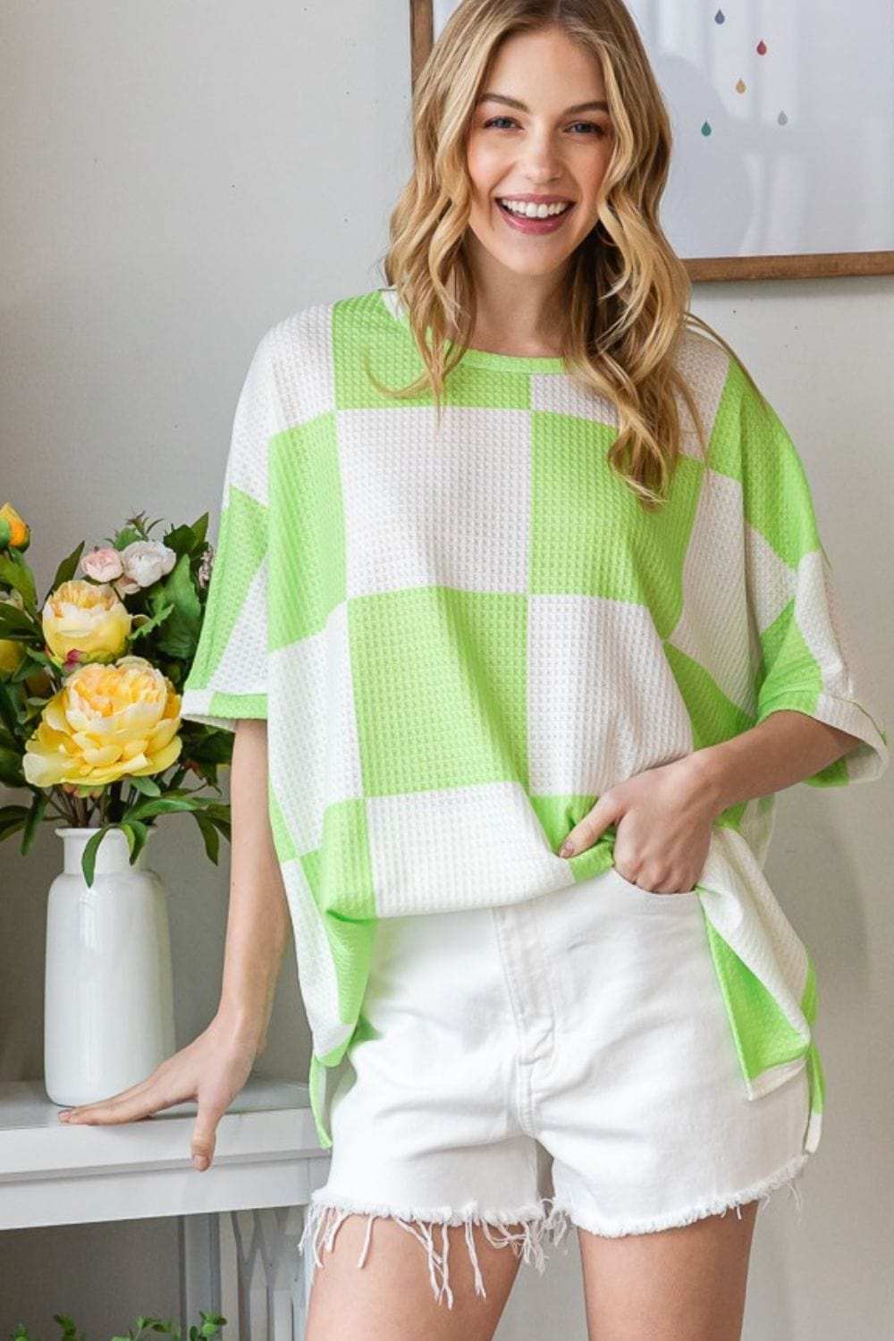 HOPELY Checkered Waffle Oversized T-Shirt - Trendsi - Flyclothing LLC
