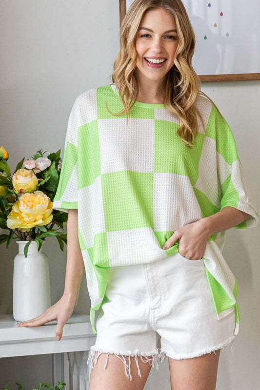 HOPELY Checkered Waffle Oversized T-Shirt - Trendsi