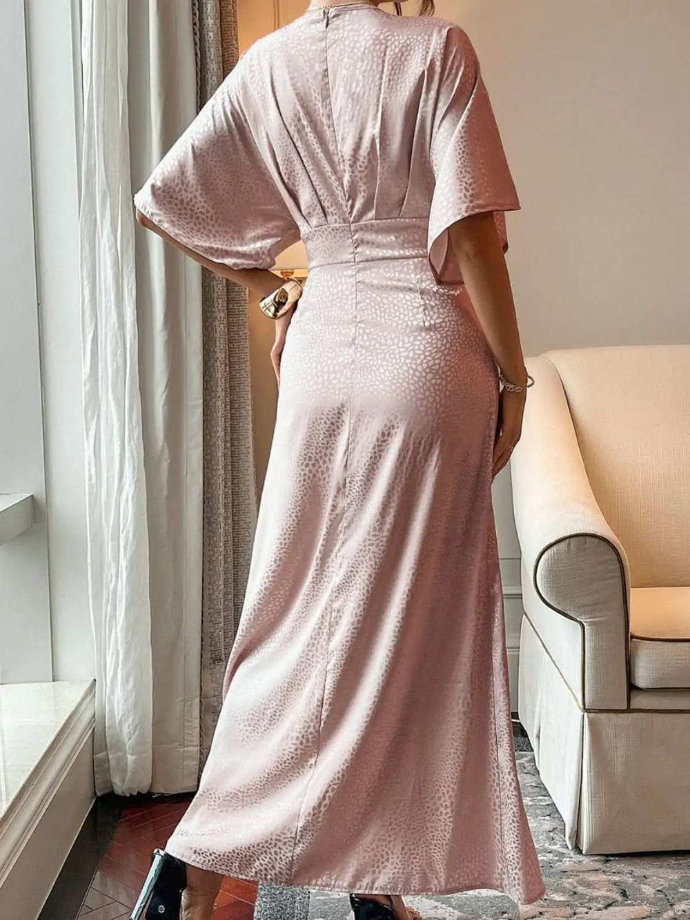 Slit Animal Print V-Neck Half Sleeve Dress - Trendsi - Flyclothing LLC