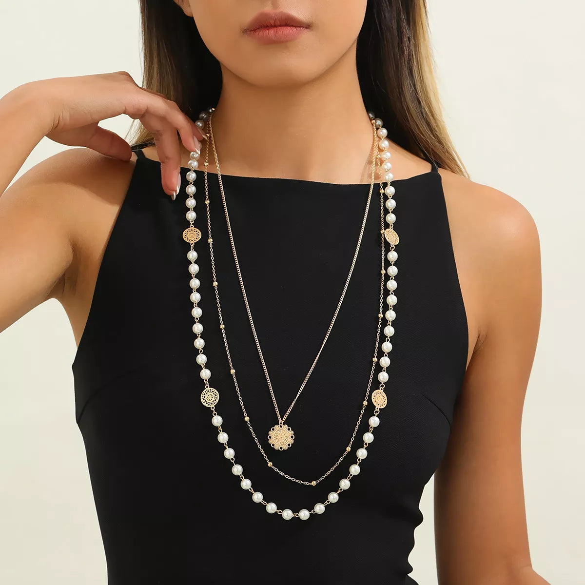 Multi-Layered Pearl and Coin Pendant Necklace - Trendsi - Flyclothing LLC