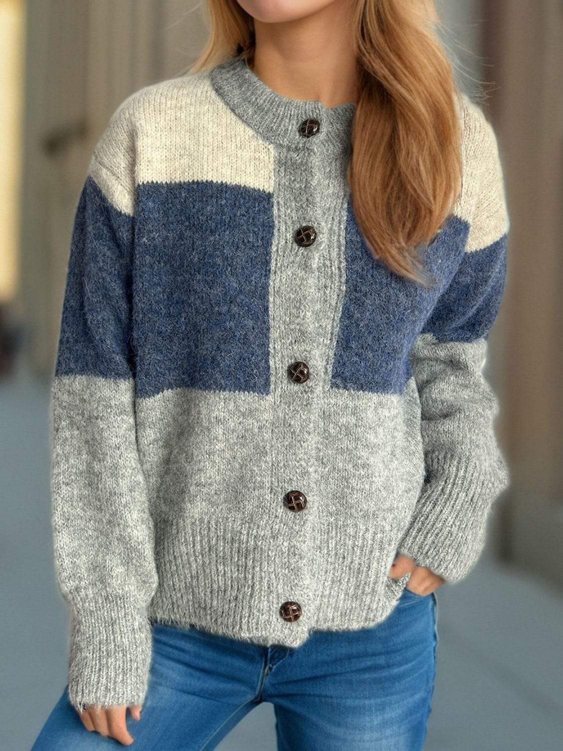 Color Block Round Neck Button Up Cardigan - Trendsi - Flyclothing LLC