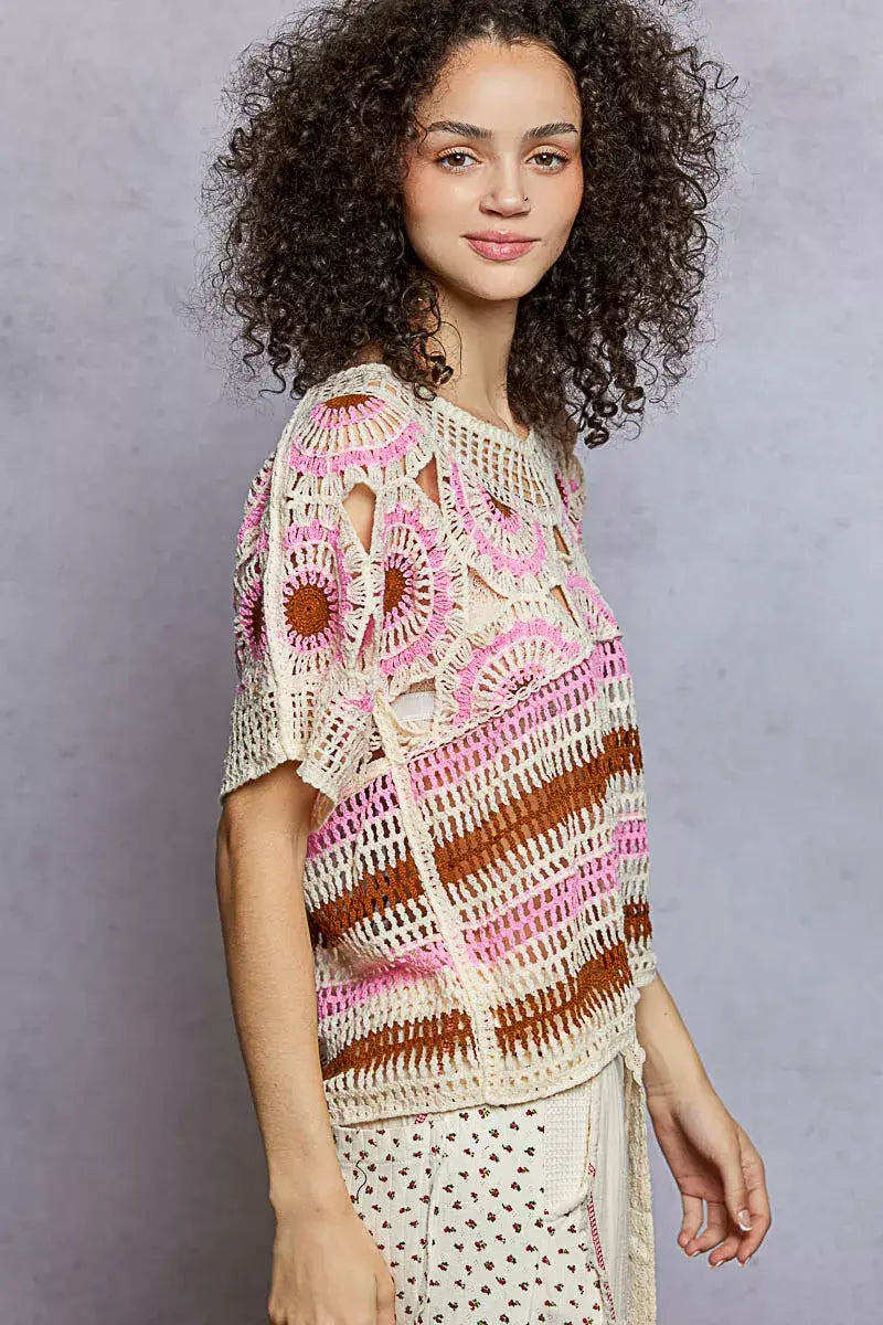 Weave Pattern Short Sleeve Crochet Top with Border Accents - Trendsi - Flyclothing LLC
