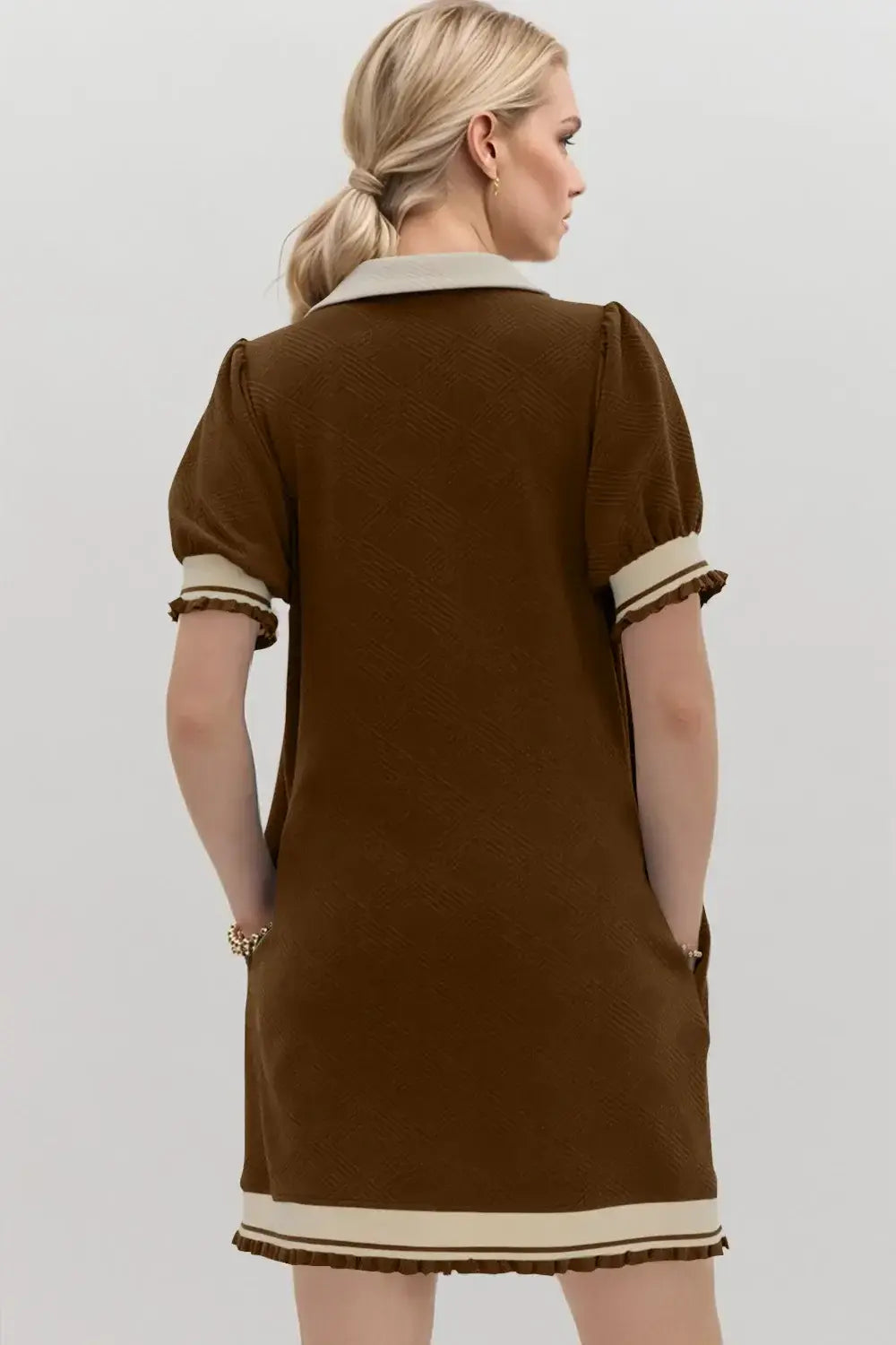 Oh Frill Contrast Trim Johnny Collar Short Sleeve Mini Dress - Trendsi - Flyclothing LLC