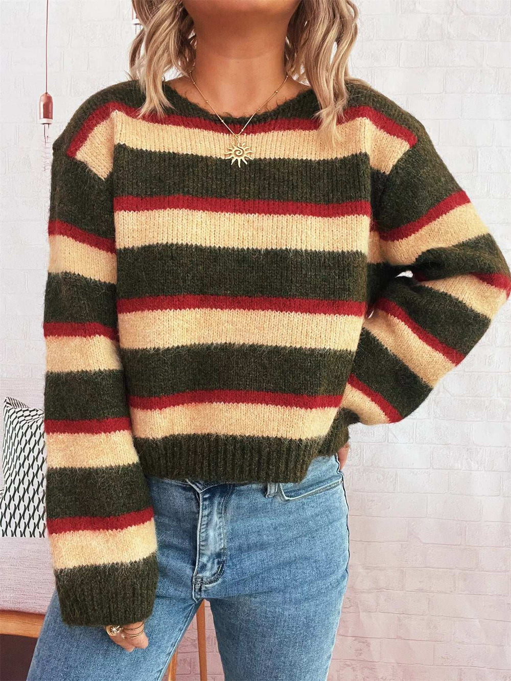Striped Round Neck Long Sleeve Sweater - Trendsi - Flyclothing LLC