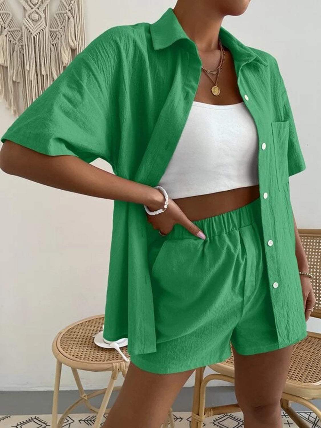 Button Up Short Sleeve Shirt and Shorts Set - Trendsi - Flyclothing LLC