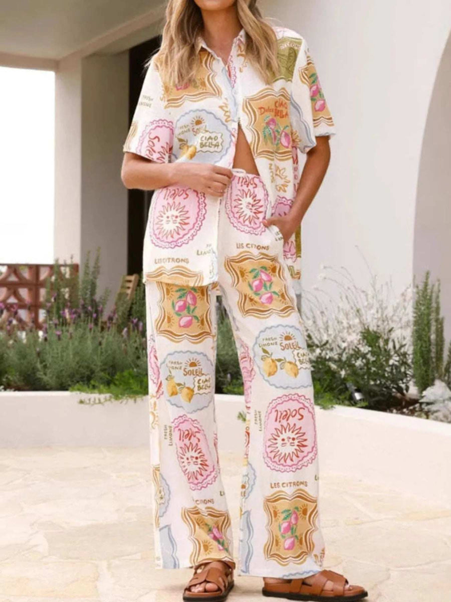 Printed Button Up Shirt and Pants Set - Trendsi - Flyclothing LLC