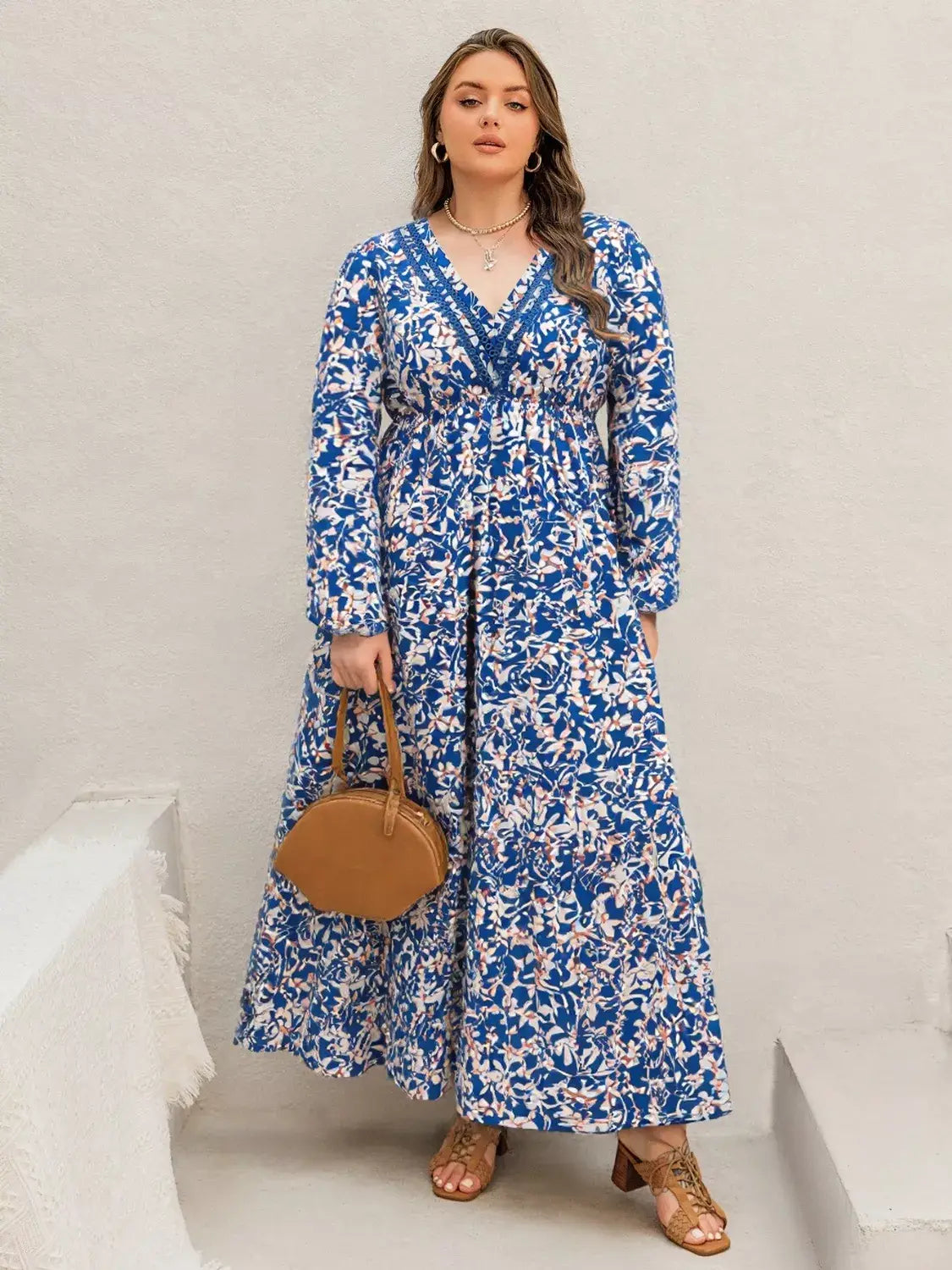 Plus Size Floral Print V-Neck Long Sleeve Maxi Dress - Trendsi - Flyclothing LLC