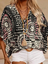 Printed V-Neck Half Sleeve Top - Trendsi - Flyclothing LLC