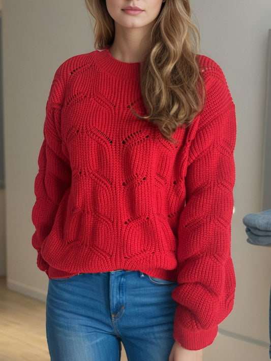 Openwork Round Neck Dropped Shoulder Sweater - Trendsi