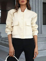 Pocketed Snap Down Baseball Collar Jacket - Trendsi - Flyclothing LLC
